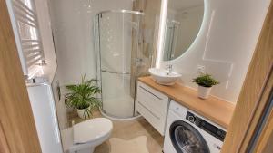 a bathroom with a toilet sink and a shower at Serce Szczecina in Szczecin