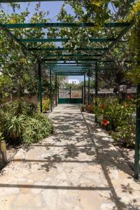 a walkway in a garden with a green pergola at Oikia Ouranou in Khlóï +47 photos