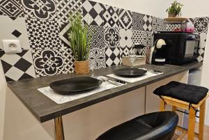 een keuken met een aanrecht met twee zwarte borden erop bij Appartement Paris Mangin in Asnières-sur-Seine +10 foto's