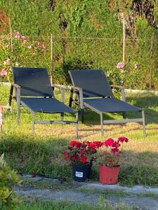 deux chaises assises dans l'herbe avec des fleurs dans l'établissement L atelier du golf, à Périgueux