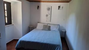 a bedroom with a blue bed with two pillows at Casa da Milharica in Figueiró dos Vinhos