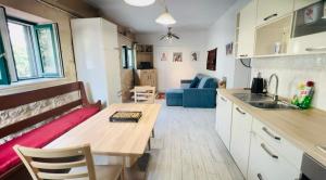 a kitchen and living room with a table and a couch at Villa Rosa, Dracevica 46a, Brac in Dračevica