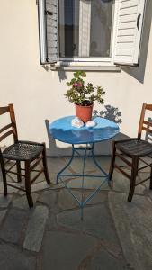 a table with a plant on it next to two chairs at Seafront Villa, Fay in Kardamili