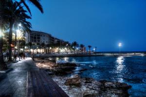 a beach with palm trees and a river at night at Apartment Escorpiones in Torrevieja