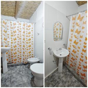 two pictures of a bathroom with a toilet and a sink at La Casa de Lila in Tilcara