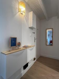 eine Küche mit einem Waschbecken und einem TV auf der Theke in der Unterkunft Narbonne-Plage Méditérranée in Narbonne-Plage