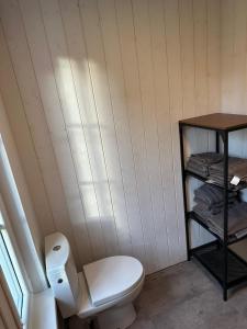 a bathroom with a toilet and a shelf with towels at Melluži tiny house 60m2 in Jūrmala +10 photos