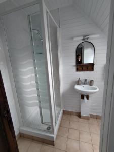 a bathroom with a shower and a sink at Au Pti' Bonheur in Saint-Coulomb