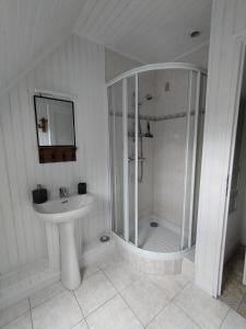 a white bathroom with a shower and a sink at Au Pti' Bonheur in Saint-Coulomb