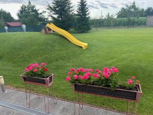 two flower boxes with pink flowers and a playground at apartman pri X Bionic Sphere Samorin 6 km od Casino Card Hotel in Blatná na Ostrove