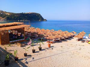 a group of umbrellas and chairs on a beach at Natural Hostel in Himare