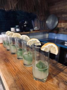 a row of glasses filled with lime and lemonade at Natural Hostel in Himare