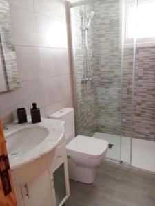 a bathroom with a toilet and a sink and a shower at Casa de verano in O Grove