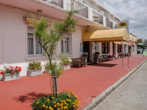 a sidewalk in front of a building with flowers at Hotel Tamariz in Piriápolis