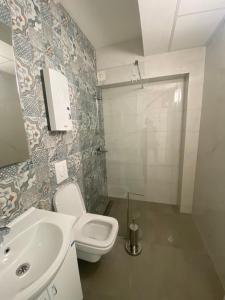 een badkamer met een toilet, een wastafel en een douche bij Apartments Mosha in Ohrid +1 foto