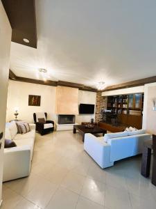 un grand salon avec des canapés et une cheminée dans l'établissement Koneva House, à Koskinou