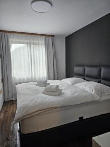 a bedroom with a large white bed with a window at NĀVA PLACE Cozy home in Kaprun in Kaprun
