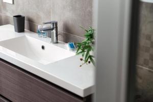 a bathroom sink with a plant on top of it at Lario Suite Apartments by Quokka 360 - Close to Como Downtown in Como