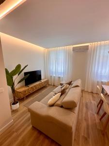 a living room with a couch and a flat screen tv at El Sueño de Luca, Parking gratuito centro in Logroño