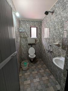 a bathroom with a toilet and a sink at Vinsons Cottages in Colva