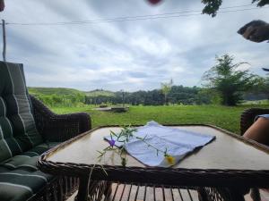 a table with a napkin and flowers on it at Hiša Heidi in Zavrč