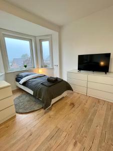 a bedroom with a bed and a flat screen tv at Moderne Monteurswohnungen in zentraler Lage in Bad Bramstedt in Bad Bramstedt +30 photos