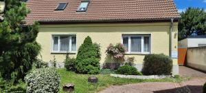 a house with trees and bushes in front of it at Schwalbennest in Dessau