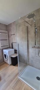 a bathroom with a shower and a washing machine at Apartament nad Sapiną 2 in Kruklanki