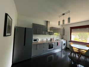 a kitchen with a refrigerator and a table with chairs at Luxury Apartman in Baja
