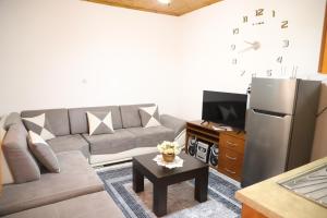 a living room with a couch and a refrigerator at Stergjo Townview Residences in Berat