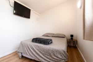 a bedroom with a bed and a flat screen tv at L'Ornano - Maison climatisée avec piscine in Grosseto-Prugna