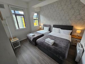 ゴールウェイにあるWild Atlantic City Stayのベッドが2つと窓が2つあるホテルの部屋