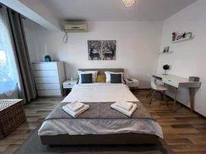 Un pat sau paturi într-o cameră la Vila luminoasa cu curte privată