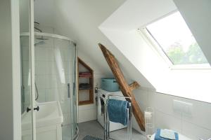 a bathroom with a shower and a glass shower backdoor at Ferienwohnung "Wasserburg" in Ascheffel +25 photos