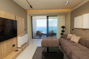 ヴロラにあるAmeli Luxury Apartmentのソファと薄型テレビのあるリビングルーム