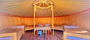 a room with two beds and a table in a tent at MONKHSUURI GUESTHOUSE in Harhorin
