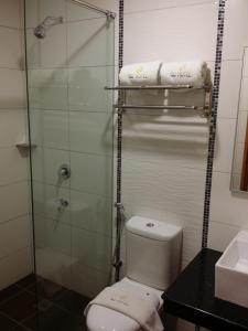a bathroom with a toilet and a glass shower at MJ Hotel in Sibuga
