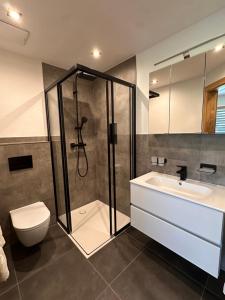 a bathroom with a shower and a toilet and a sink at Chalet Waldele in Sölden