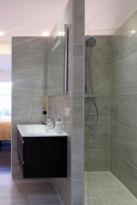 La salle de bains est pourvue d'un lavabo et d'une douche. dans l'établissement Parc Brussels Apartment, à Bruxelles