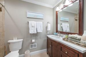 a bathroom with a toilet and a sink and a mirror at Blarney Bay in Mooresville +32 photos
