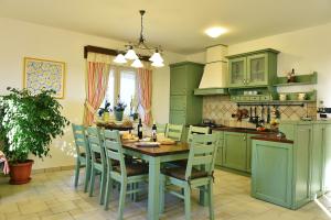 a kitchen with green cabinets and a table and chairs at Villa D'Arsa in Gorica