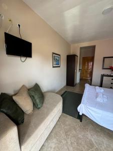 a living room with a couch and a flat screen tv at Sunrise house apartments in Ulcinj