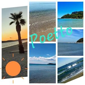 een collage van foto's van het strand met een palmboom bij Domu Mea in Quartu SantʼElena