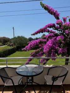 a table and chairs on a balcony with purple flowers at Sunrise house apartments in Ulcinj