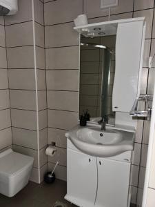 a bathroom with a sink and a toilet and a mirror at Sunrise house apartments in Ulcinj