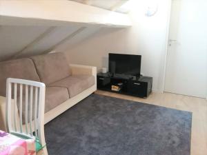 Una sala de estar con un sofá y un televisor. en Maison Mirt, en Bolonia