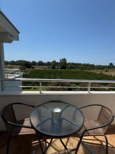 a glass table and two chairs on a balcony at Sunrise house apartments in Ulcinj