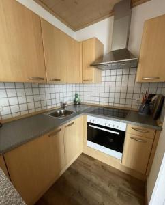 eine kleine Küche mit Holzschränken und einer Spüle in der Unterkunft Appartement 2 - b66205 in Rohrdorf