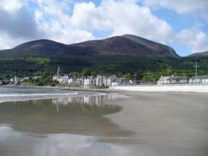 a beach with houses and mountains in the background at Snooze Apartments in Newcastle