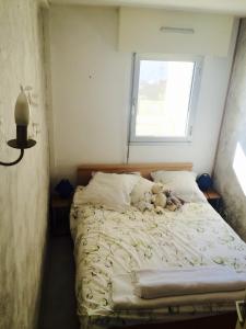 Un dormitorio con una cama con un osito de peluche. en Appartment Plein Soleil, en Golfe-Juan